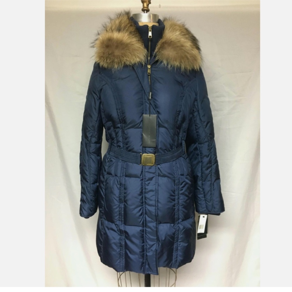 Andrew Marc Spirit Belted Down Coat /Racoon Collar Navy Medium AWOAE008 NWT $595